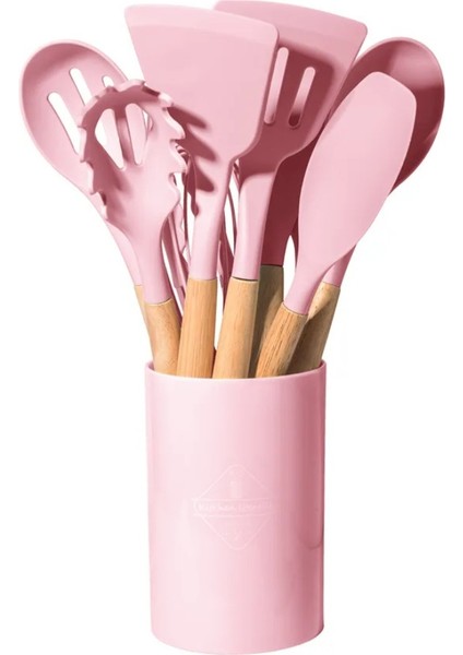 12 Parça Ahşap Sap Silikon Mutfak Pasta Silikon Kepçe Çırpıcı Fırça Kevgir Kaşıklık Maşa Spatula Set