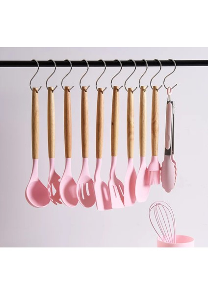 12 Parça Ahşap Sap Silikon Mutfak Pasta Silikon Kepçe Çırpıcı Fırça Kevgir Kaşıklık Maşa Spatula Set fiyatları