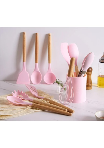 12 Parça Ahşap Sap Silikon Mutfak Pasta Silikon Kepçe Çırpıcı Fırça Kevgir Kaşıklık Maşa Spatula Set modelleri