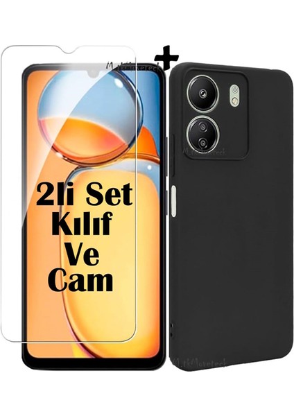 MTK Moveteck Xiaomi Poco C65 Kılıf Kamera Korumalı Yumuşak Silikon + 9h Ekran Koruyucu Cam 2'li Set