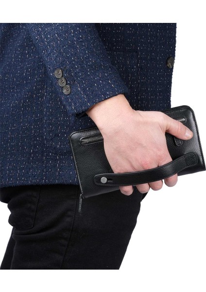 Deri Telefon Bölmeli Tutma Saplı El Portföy Çantası Siyah