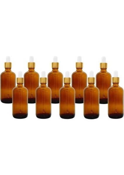 100 ml Amber Cam Şişeler ve Altın/Beyaz Cam Pipetler 10 Adet