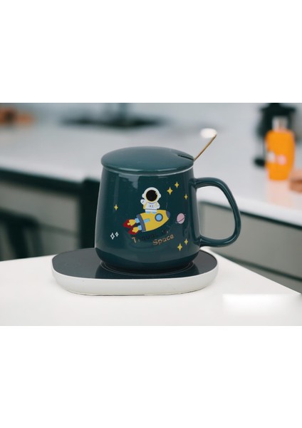 Astronot Tasarımlı 220 Volt Elektrikli Kapaklı Sıcak Tutan Isıtıcılı Kahve Kupa Fincan Bardak (Fişli