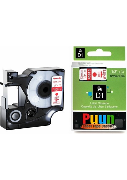 Dymo Labelmanager Serisi Elektronik Etiketleme Makinesi D1 45015 S0720550 12MM x 7 Mt. Muadil Beyaz Etikete Kırmızı Yazı Şerit Etiket Kaseti