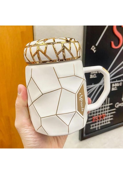 Mozaik Tasarımlı Seramik Kapaklı Sıcak Tutan Kupa Bardak Fincan Mug Mini Motivasyon Termos 500 Ml.