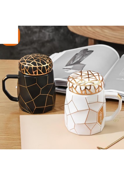 Mozaik Tasarımlı Seramik Kapaklı Sıcak Tutan Kupa Bardak Fincan Mug Mini Motivasyon Termos 500 Ml.