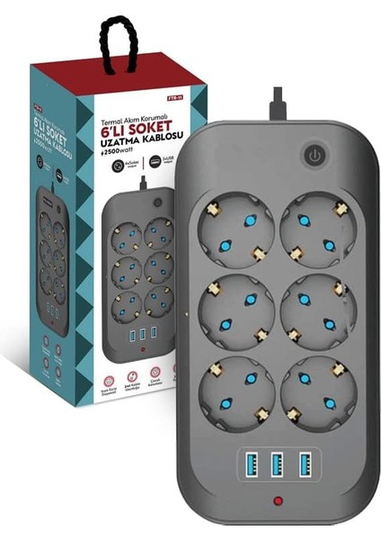 Termal Akım Korumalı, Çocuk Korumalı, 6'lı 2 mt Uzatma Kablosu 6 x Priz, 3 x USB - Ftr-11