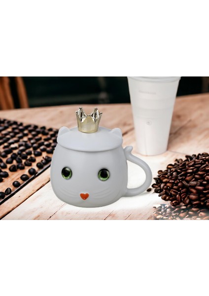 Kedi Tasarımlı Seramik Kapaklı Kaşıklı Sıcak Tutan Kupa Bardak Fincan Mug Motivasyon Termos 400 Ml.