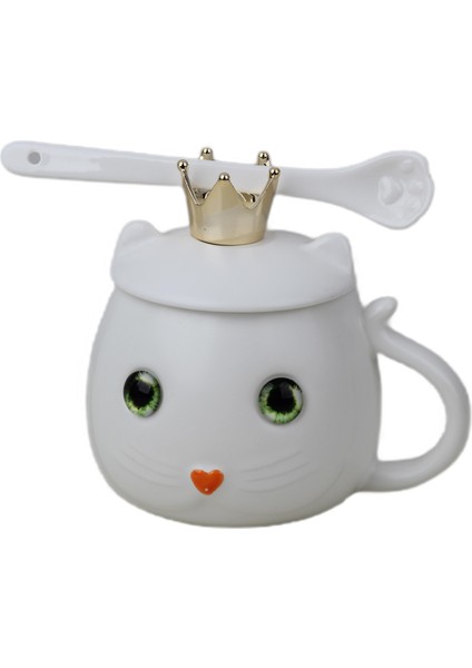 Kedi Tasarımlı Seramik Kapaklı Kaşıklı Sıcak Tutan Kupa Bardak Fincan Mug Motivasyon Termos 400 Ml.