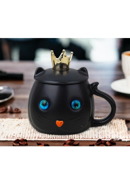 Kedi Tasarımlı Seramik Kapaklı Kaşıklı Sıcak Tutan Kupa Bardak Fincan Mug Motivasyon Termos 400 Ml.