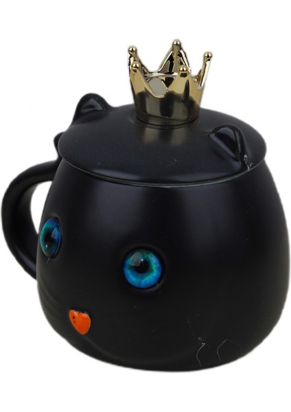 Kedi Tasarımlı Seramik Kapaklı Kaşıklı Sıcak Tutan Kupa Bardak Fincan Mug Motivasyon Termos 400 Ml.