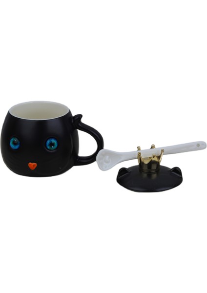Kedi Tasarımlı Seramik Kapaklı Kaşıklı Sıcak Tutan Kupa Bardak Fincan Mug Motivasyon Termos 400 Ml.