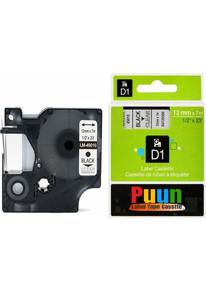 Dymo Labelmanager Serisi Elektronik Etiketleme Makinesi D1 45010 S0720500 12MM x 7 Mt. Muadil Şeffaf Etikete Siyah Yazı Şerit Etiket Kaseti