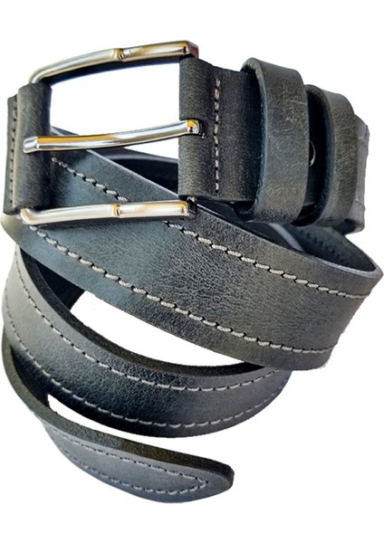 Deri Erkek Spor Siyah Dikişli Kemer 4,5cm / RS1014 Siyah (Bison)