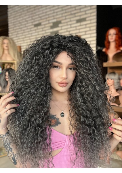 Afro Peruk Gerçek Saç Dokusunda Koyu Gri Afro Dalga Peruk