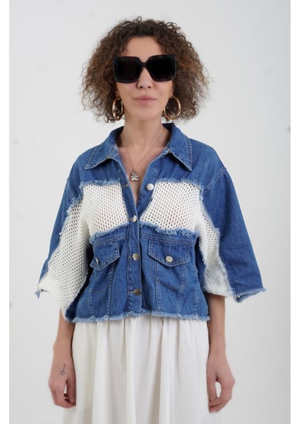 Mavi Ekru Triko Detaylı Denim Ceket