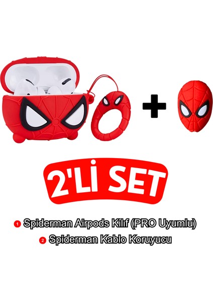 Pro Uyumlu Spiderman Figürlü Sevimli Kulaklık Kılıfı ve Spiderman Figürlü Kablo Koruyucu Seti