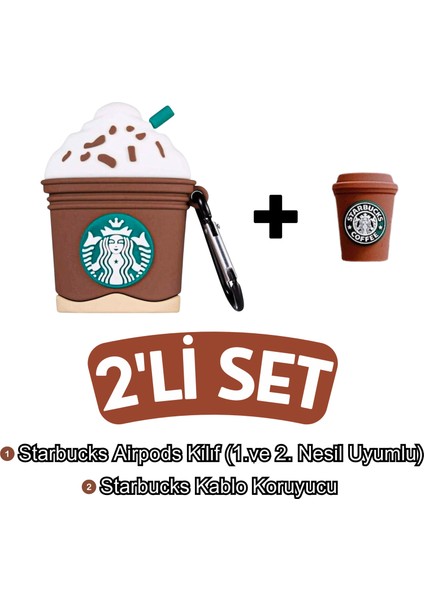 1.ve 2. Nesil Uyumlu Starbucks Figürlü Sevimli Kulaklık Kılıfı ve Starbucks Kablo Koruyucu 2'li Set