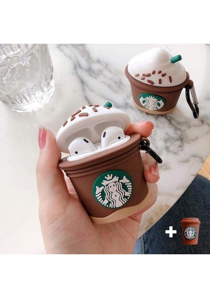 1.ve 2. Nesil Uyumlu Starbucks Figürlü Sevimli Kulaklık Kılıfı ve Starbucks Kablo Koruyucu 2'li Set modelleri