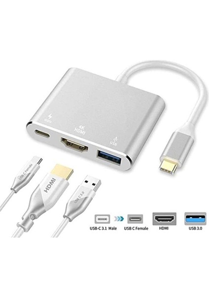 Ultratekno 4K Macbook 3in1 Type-C To Hdmı USB 3.0 Çevirici Dönüştürücü Adaptör