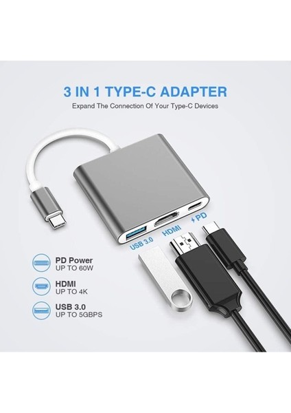 Ultratekno 4K Macbook 3in1 Type-C To Hdmı USB 3.0 Çevirici Dönüştürücü Adaptör