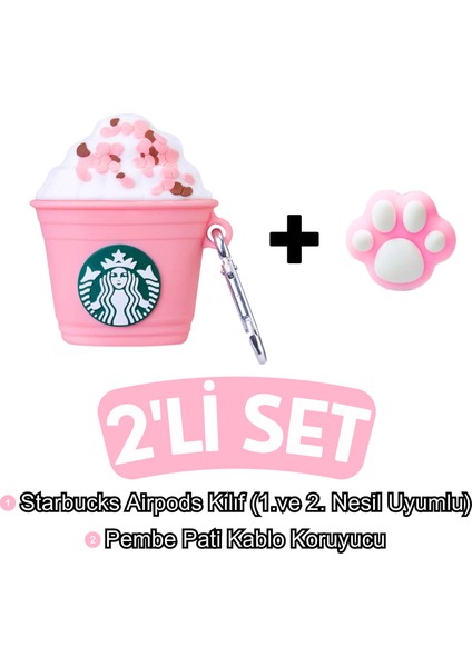 1. ve 2. Nesil Uyumlu Starbucks Figürlü Kılıf ve Pembe Pati Kablo Koruyucu Ikili Set