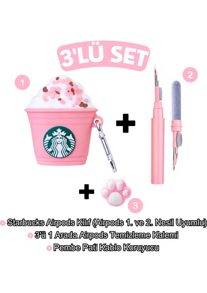 1. ve 2. Nesil Uyumlu Starbucks Kılıf, Pembe Pati Kablo Koruyucu ve 3 In 1 Kulaklık Temizleme Kalemi