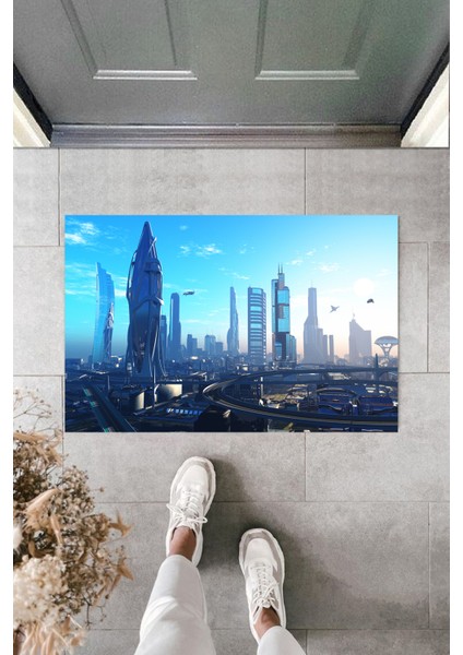 3D Baskı Özel Tasarım Gelecek Dünya Şehir Mavi Kapı Paspası Dış Mekan Paspas