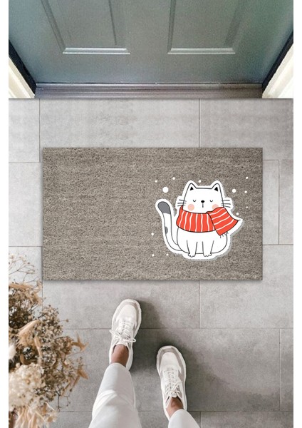 3D Baskı Özel Tasarım Gri Kırmızı Atkılı Beyaz Kedi Kapı Paspası