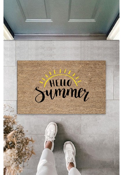 3D Baskı Özel Tasarım Siyah Kapı Önü Paspası Hello Summer Desen Paspas