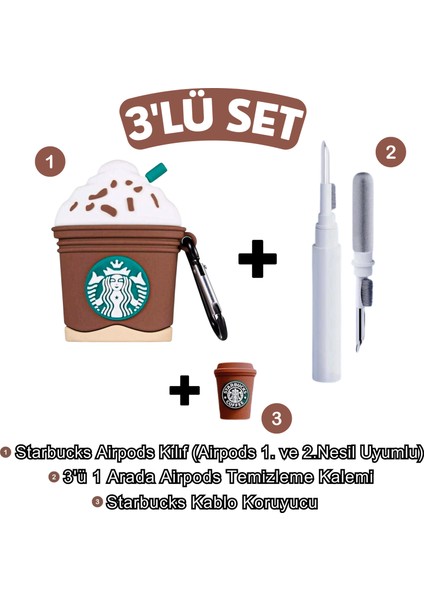1. ve 2. Nesil Uyumlu Starbucks Kılıf, Starbucks Kablo Koruyucu ve 3'ü 1 Arada Kulaklık Temizleme Kalemi