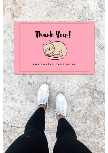 Dijital Baskı Pembe Uyuyan Kedi Desen Kapı Önü Paspası K-1031