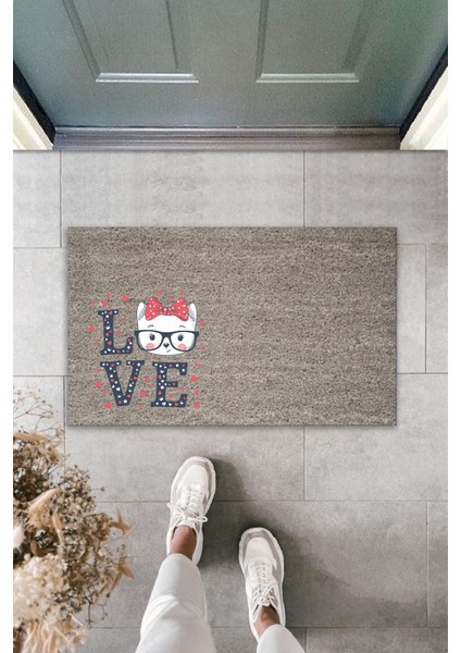 3D Baskı Özel Tasarım Gri Puantiyeli Love Yazılı Gözlüklü Beyaz Kedi Kapı Paspası