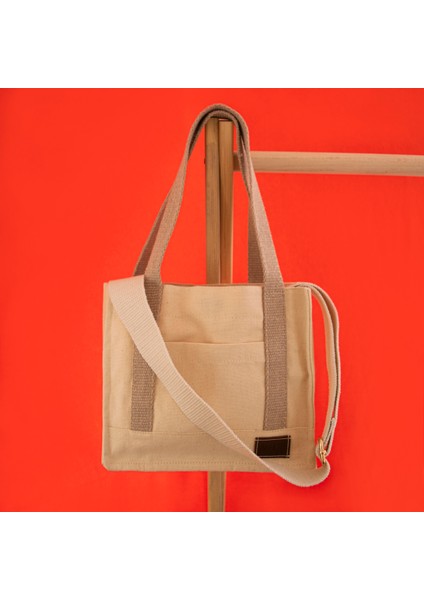 Krem Mini Tote Bag, Ön Cep Detaylı, 25 x 20 Cm, Ayarlanabilir Omuz Askılı Kadın Kol ve Omuz Çantası
