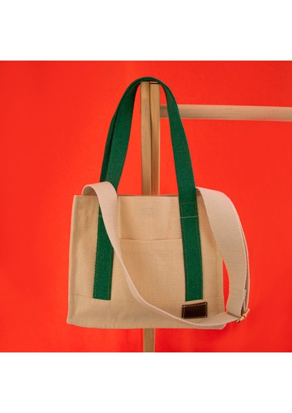 Yeşil Mini Tote Bag, Ön Cep Detaylı, 25 x 20 Cm, Ayarlanabilir Omuz Askılı Kadın Kol ve Omuz Çantası