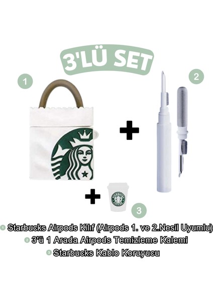 1. ve 2. Nesil Uyumlu Çanta Starbucks Kılıf, Starbucks Kablo Koruyucu ve 3 In 1 Kulaklık Temizleme Kalemi