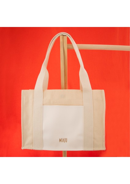 Deri Cepli Kanvas Tote Bag, Orta Boy Krem-Beyaz Kadın Kol ve Omuz Çantası, 35X25 Cm, Ön ve Iç Cepli