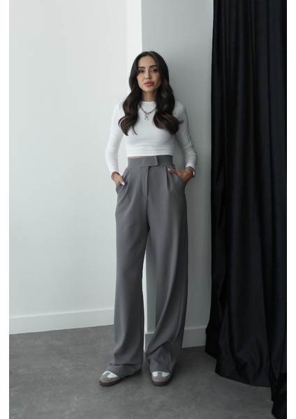 Gri Senta Cırt Cırt Kapamalı Palazzo Pantolon