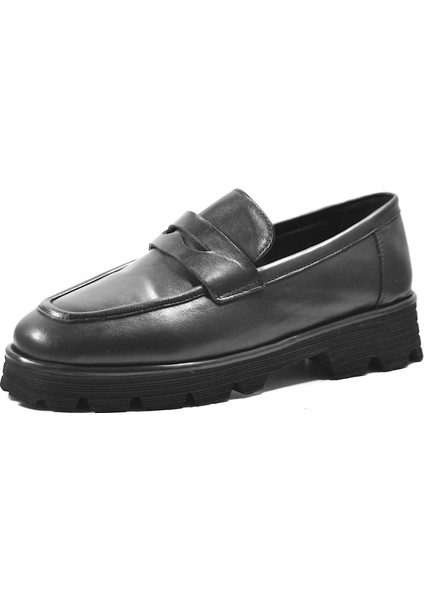 LF.201 Deri Siyah & Taba Kalın Taban Loafer Kadın Ayakkabı