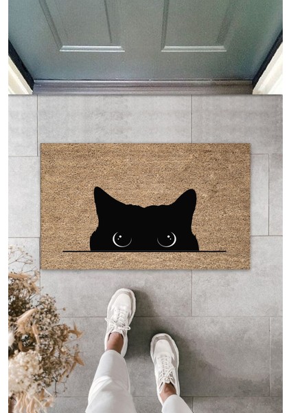 3D Baskı Özel Tasarım Kara Kedi Bej Kapı Paspası Dış Mekan Paspas