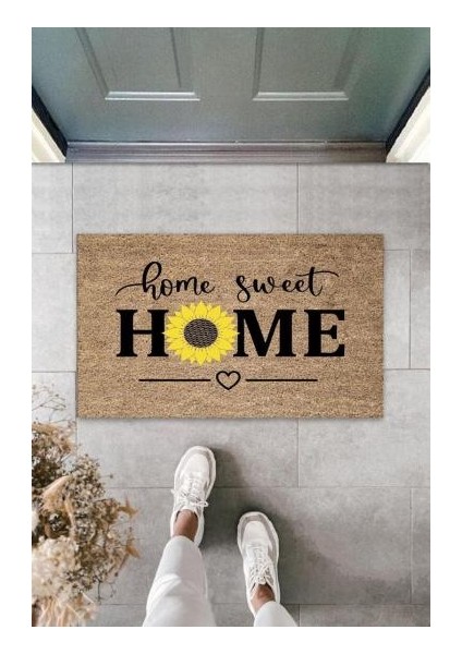 Bej Kapı Önü Paspası Home Sweet Home Papatyalı Desen K-3342