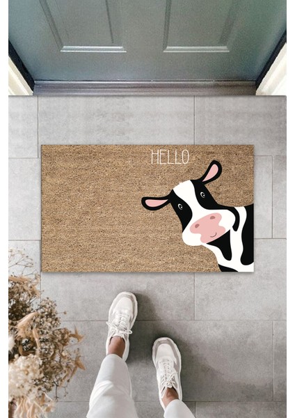 3D Baskı Özel Tasarım Kahve Renk Kapı Önü Paspası Hello Inek Desen Paspas