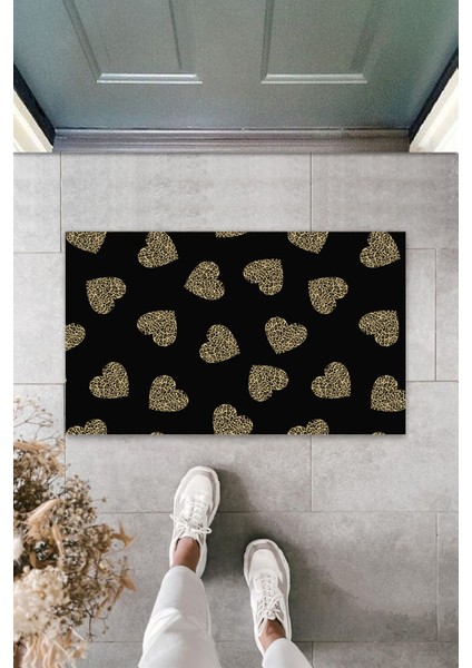 3D Baskı Özel Tasarım Siyah Kapı Önü Paspası Leopar Kalp Desen Paspas