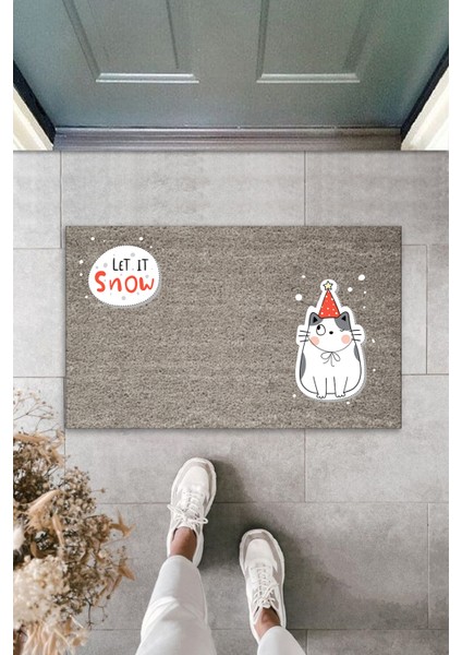3D Baskı Özel Tasarım Gri Let It Snow Kukuletalı Kedi Kapı Paspası