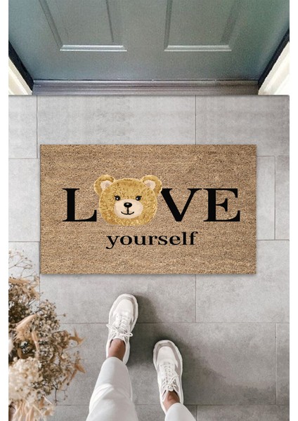 3D Baskı Özel Tasarım Kahve Renk Kapı Önü Paspası Love Yourself Ayıcık Desen Paspas
