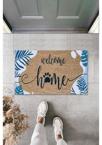 Dijital Baskı Kahverengi Mavi Yapraklı Welcome Home Dekoratif Kapı Paspası K-2007