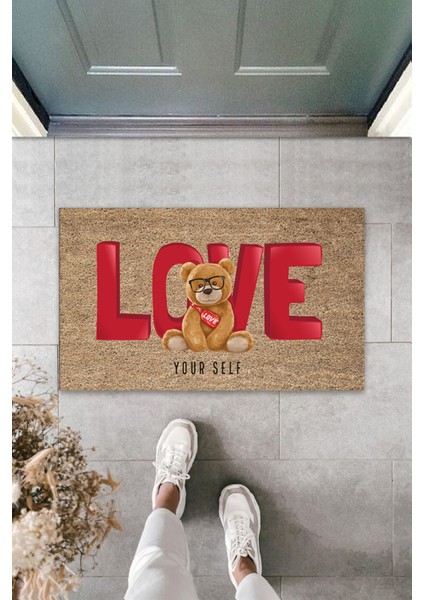 3D Baskı Özel Tasarım Kahve Renk Kapı Önü Paspası Love Ayıcık Desen Paspas