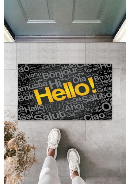 3D Baskı Özel Tasarım Siyah Kapı Önü Paspası Hello Desen Paspas