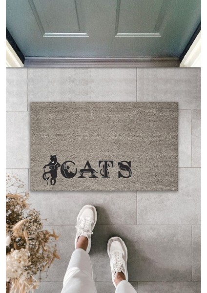 3D Baskı Özel Tasarım Gri Kedilerle Bezenmiş Cats Yazılı Kapı Paspası