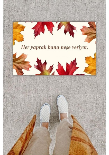 Dijital Baskı Dekoratif Kuru Yaprak Bej Kapı Önü Paspası K-1203